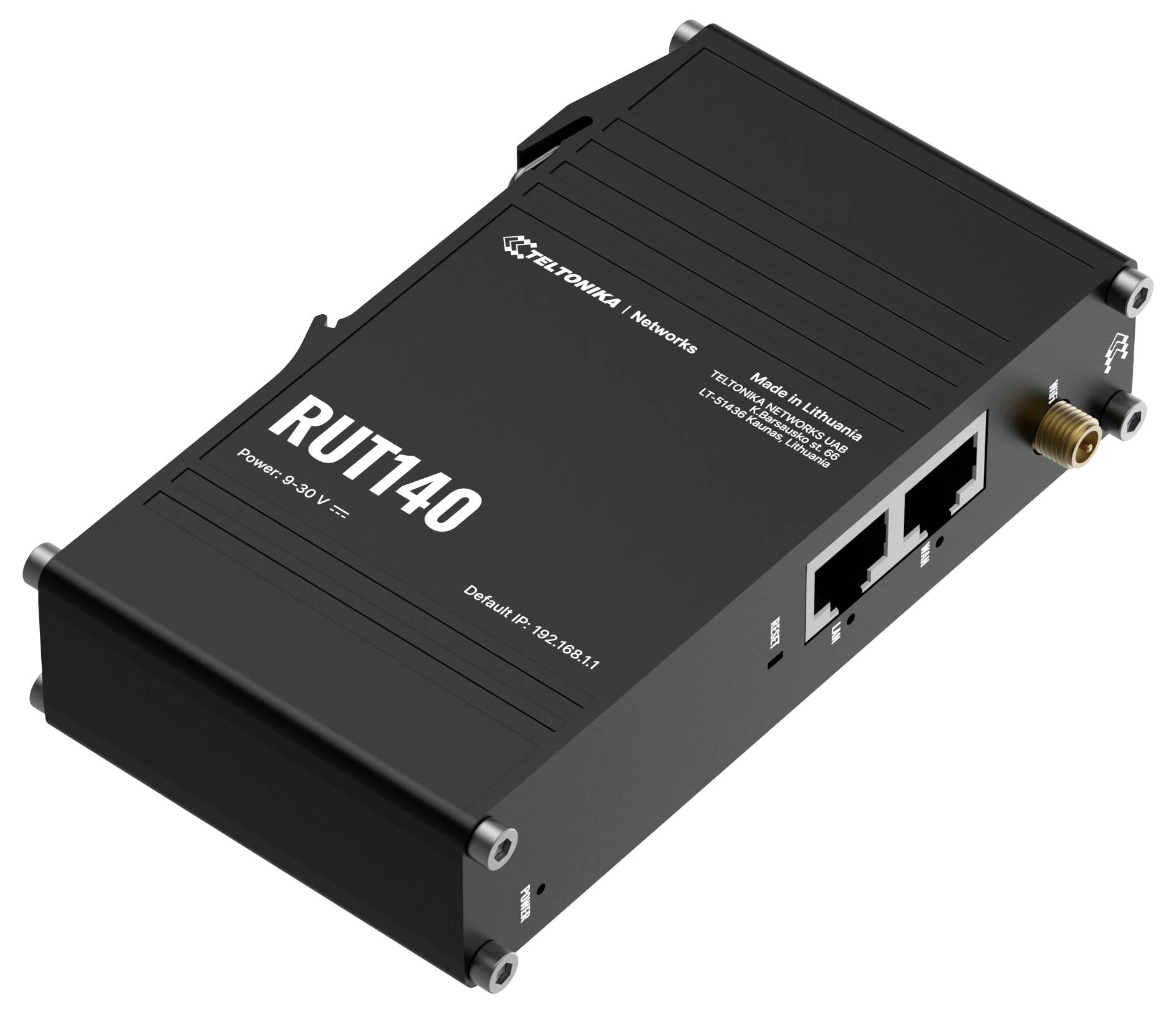 'Een zwarte Teltonika RUT140 router, waarbij het compacte ontwerp en de dubbele Ethernet-poorten zichtbaar zijn, met zichtbare voedingsinvoerspecificaties.'