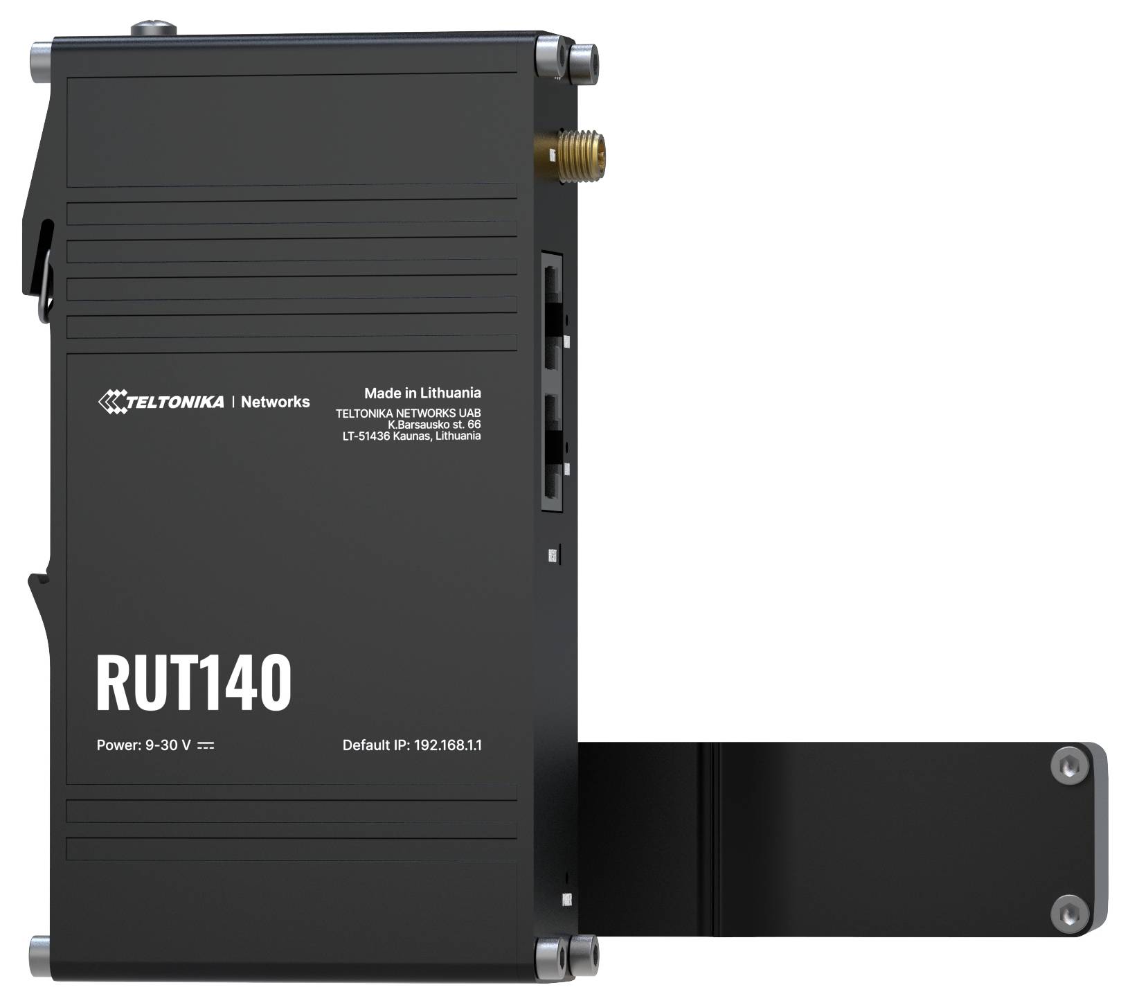 Een zwarte Teltonika RUT140-router met een antennesteker, gemarkeerd met 'Made in Lithuania', met vermogensspecificaties en standaard IP-adres.