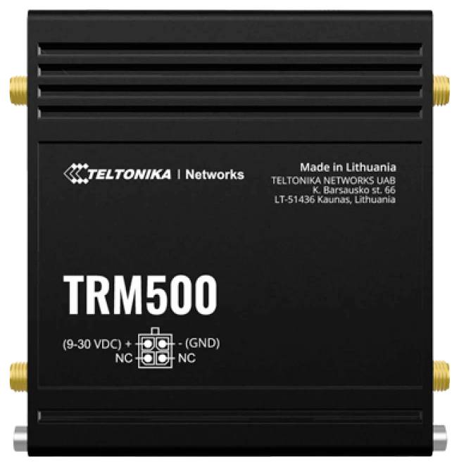 'TRM500' modem van Teltonika Networks, gemaakt in Litouwen, met stroomspecificaties (9-30 VDC) en bedrijfsadres zichtbaar aan de voorkant.