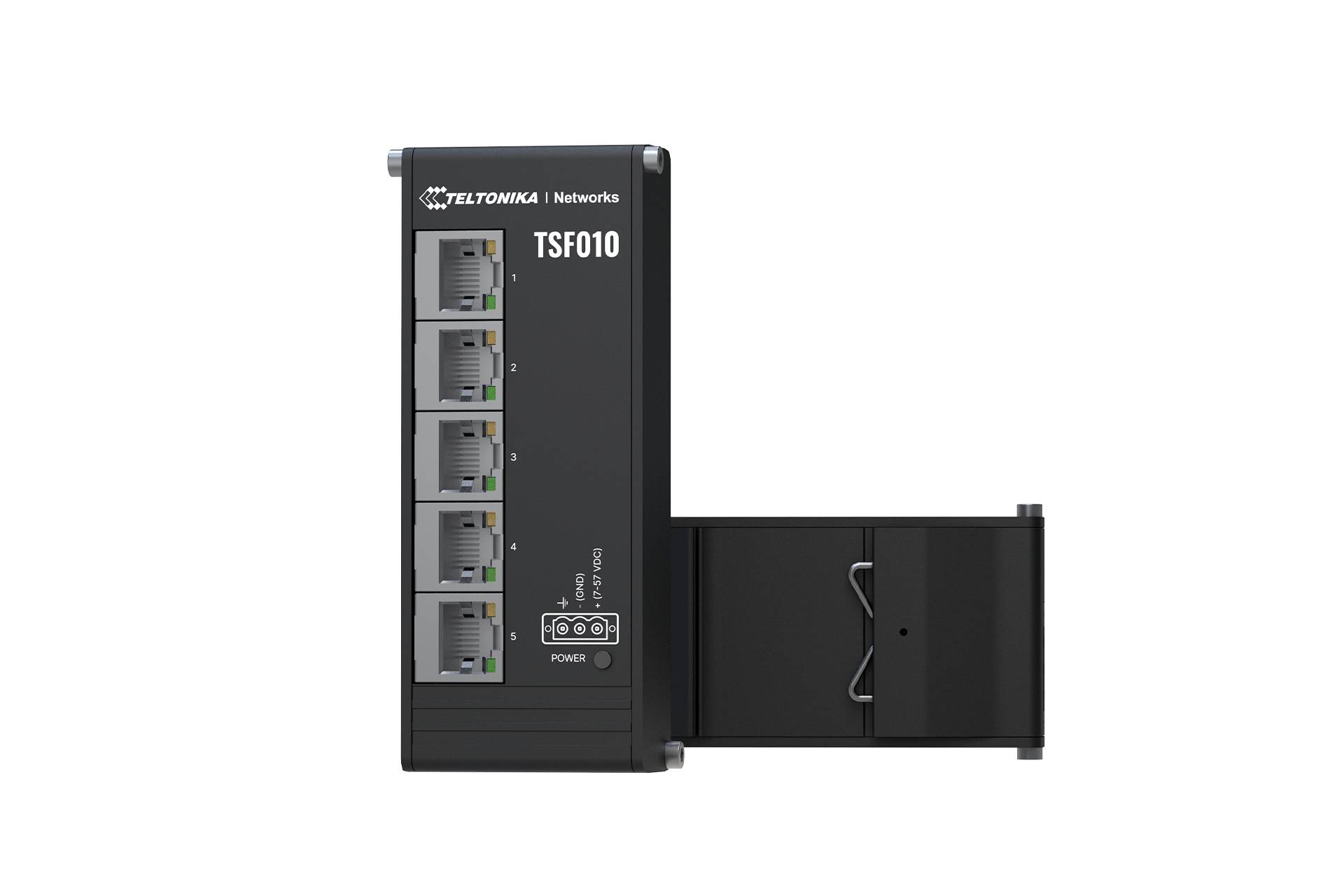 'Teltonika Networks TSF010' apparaat met vijf Ethernet-poorten, stroomaanduiders en gelabelde poorten op een verticaal paneel.