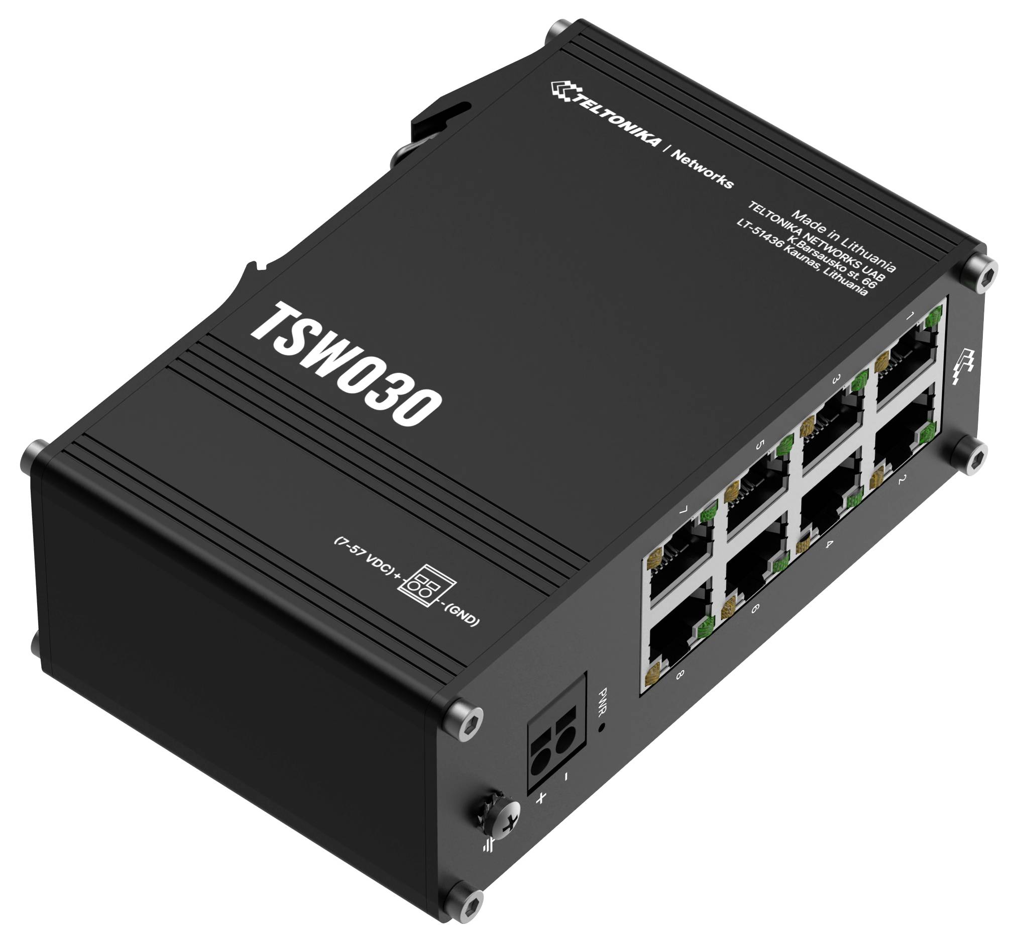 Een zwarte Teltonika TSW030 netwerkswitch met acht Ethernet-poorten en een stroomindicator.