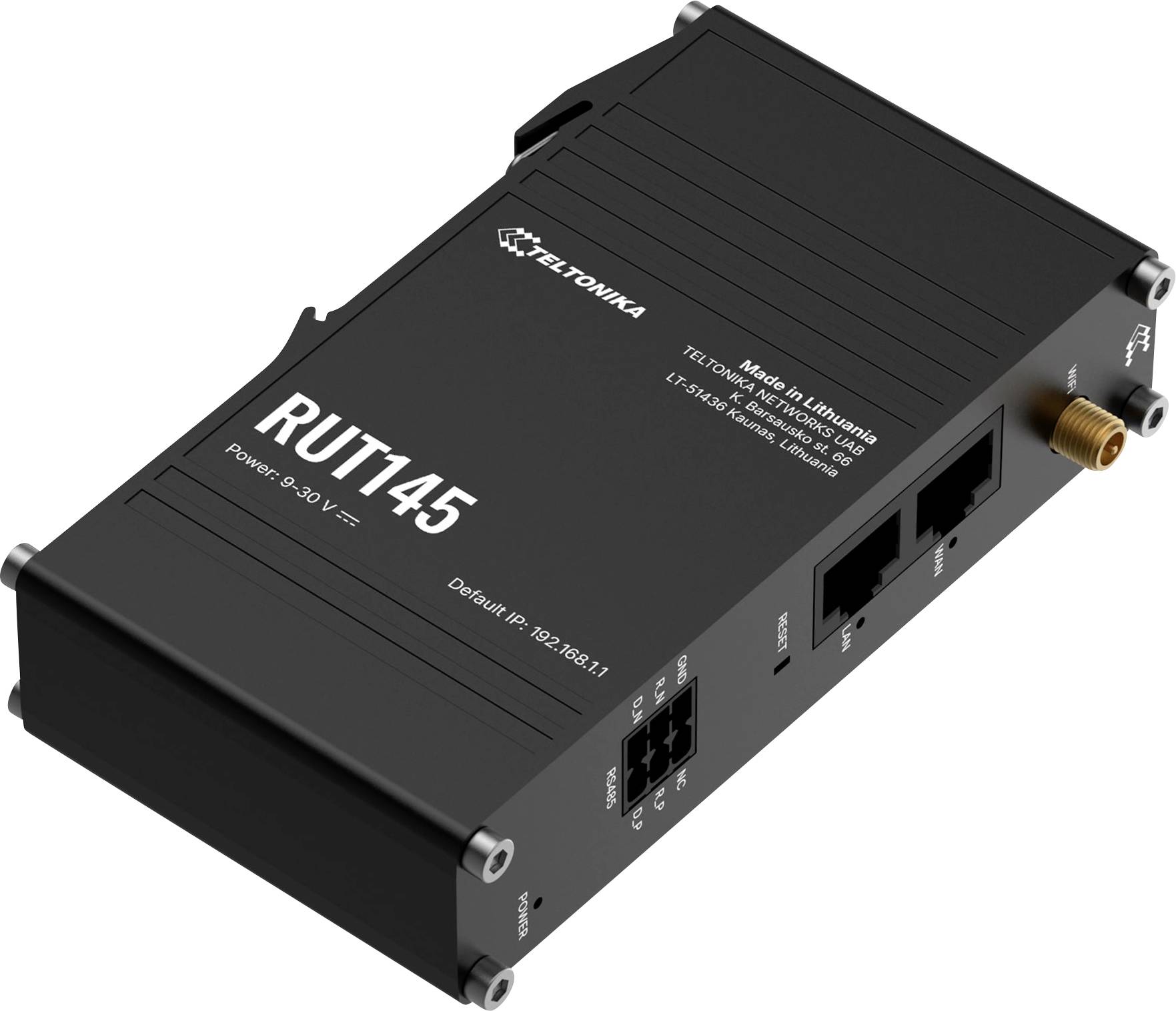 Zwarte Teltonika RUT145 industriële router met twee Ethernet-poorten en cellulaire antennestekker op een witte achtergrond.