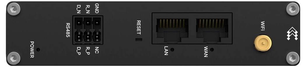 'Apparaatinterface met stroomingang, RS485-verbindingen, resetknop, LAN- en WAN-poorten en WiFi-indicator.'
