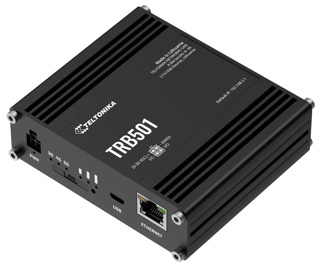 Teltonika TRB501 industriële 5G-router/modem met Ethernet, USB, LED-indicatoren en voedingspoort.