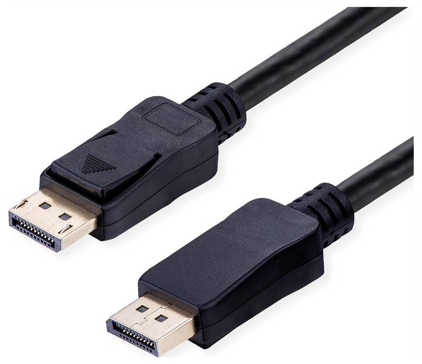 Een zwarte DisplayPort-kabel met mannelijke connectoren aan elk uiteinde, met vergulde pinnen en een grendelmechanisme voor een veilige verbinding.