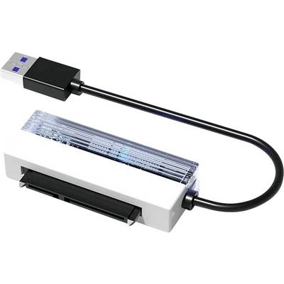 Een USB naar SATA-adapter met een zwarte kabel en wit adaptorlichaam, gebruikt voor het verbinden van SATA-schijven met USB-poorten op een computer.