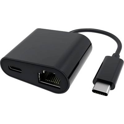 Een zwarte USB-C naar Ethernet-adapter met een extra USB-C-poort, gebruikt voor het aansluiten van apparaten op een bedraad netwerk terwijl deze opladen.