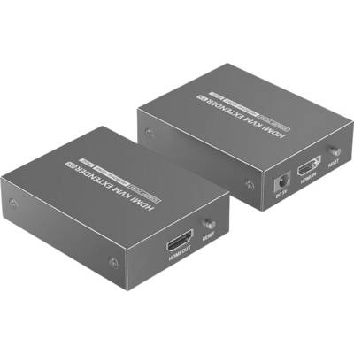 'HDMI KVM-extender' met ingang-/uitgangspoorten en resetknop. Twee identieke metalen dozen voor het uitbreiden van HDMI-signalen over lange afstanden.