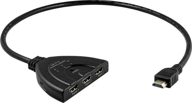 'HDMI-splitterkabel met drie invoerpoorten en één uitvoerconnector, gebruikt om meerdere apparaten op één display aan te sluiten.'