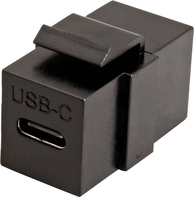 Een zwarte rechthoekige USB-C keystone-module met een poort, gebruikt voor het aansluiten van USB-C-apparaten in wandplaten of patchpanelen.