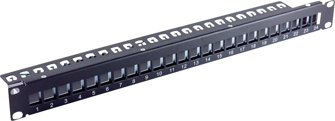 Een zwart netwerkpatchpaneel met 24 genummerde poorten voor het organiseren van Ethernet-verbindingen in een server- of netwerkrek.