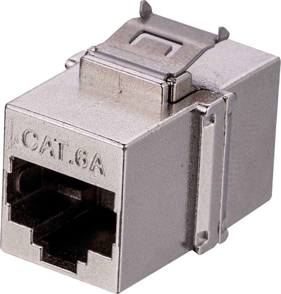 Een metalen Cat 6A netwerkkaabelconnector, ontworpen voor snelle internetverbindingen, vertoont een robuuste constructie met een vergrendelingsmechanisme.