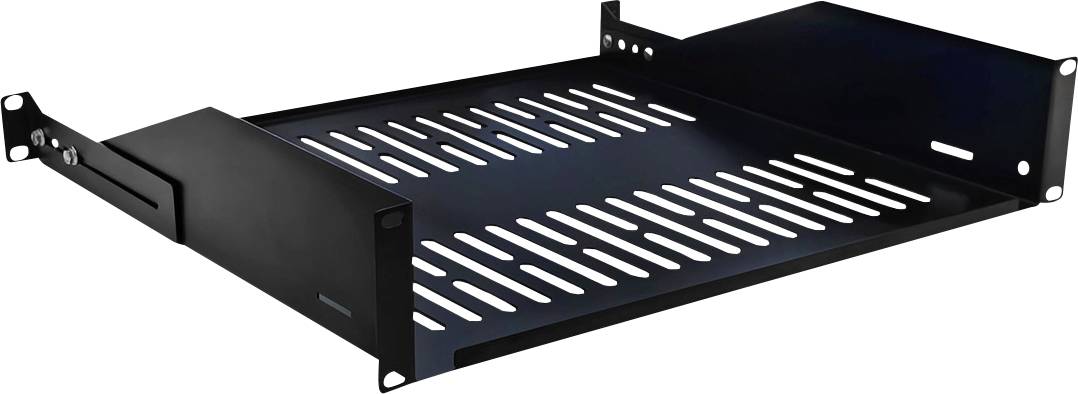Een zwarte metalen serverkastruif met ventilatiesleuven en verstelbare bevestigingsbeugels.