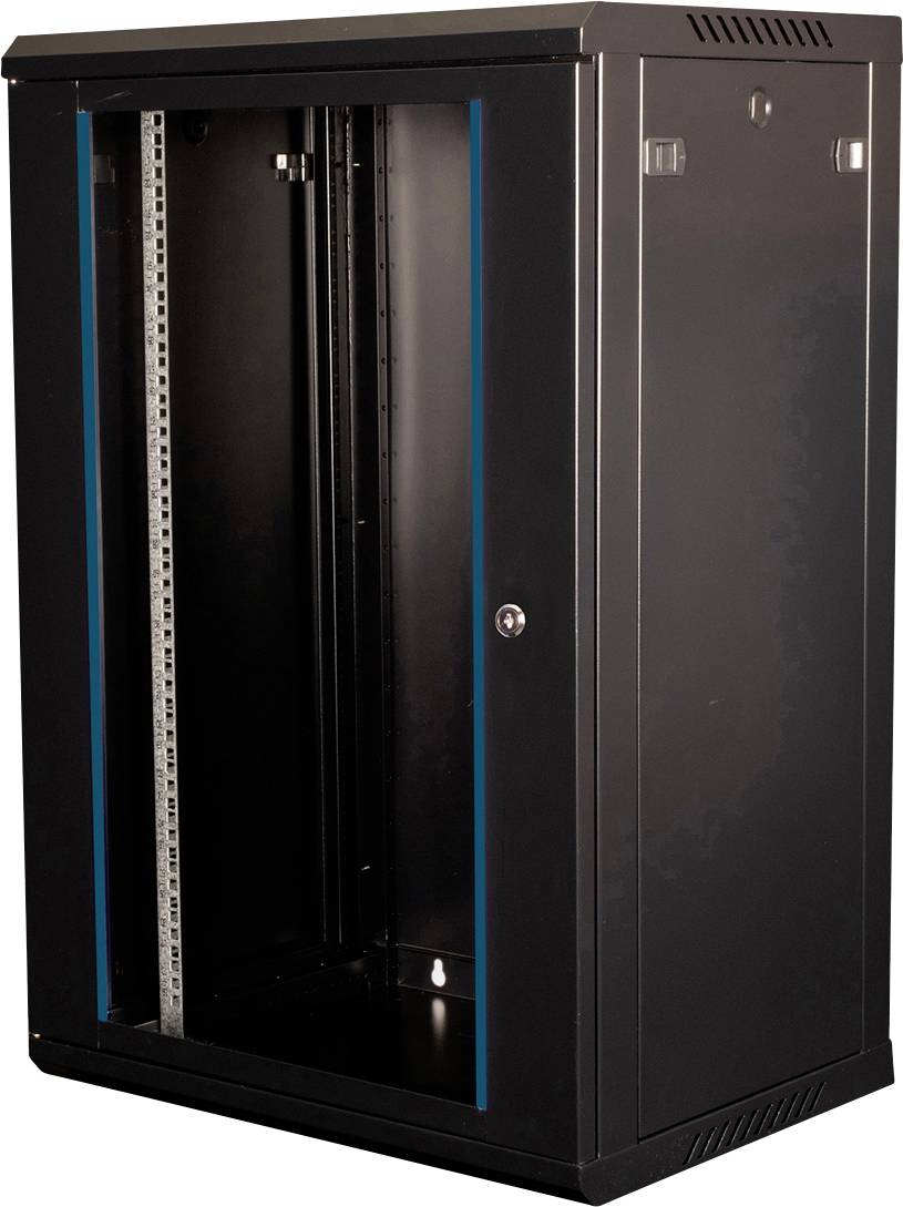 Een zwart, leeg serverrack-kastje met een voordeur die gedeeltelijk open staat, waarvan het interieur rails voor het aanbrengen van apparatuur toont.