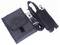 Zwarte stoffen beurs met een kleefband flap en verstelbare riem met metalen clips en kunststof gesp, weergegeven open.