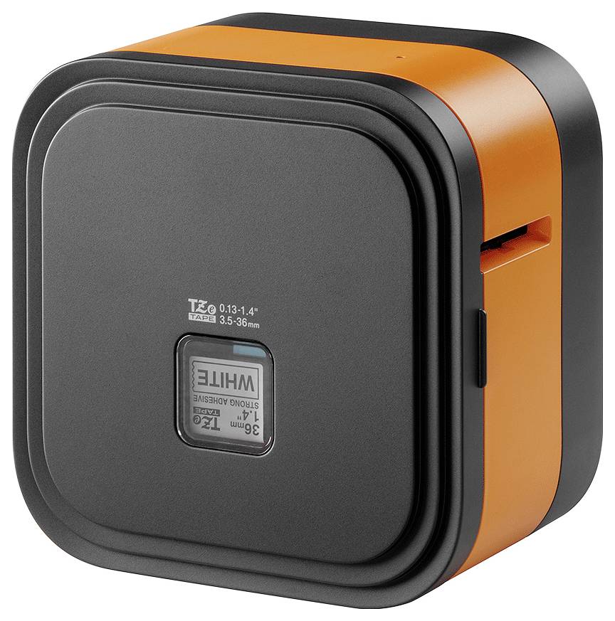 Een compact, vierkant elektronisch apparaat in oranje en zwart met een sleuf voor het invoegen van materialen, mogelijk een labelmaker of printer.