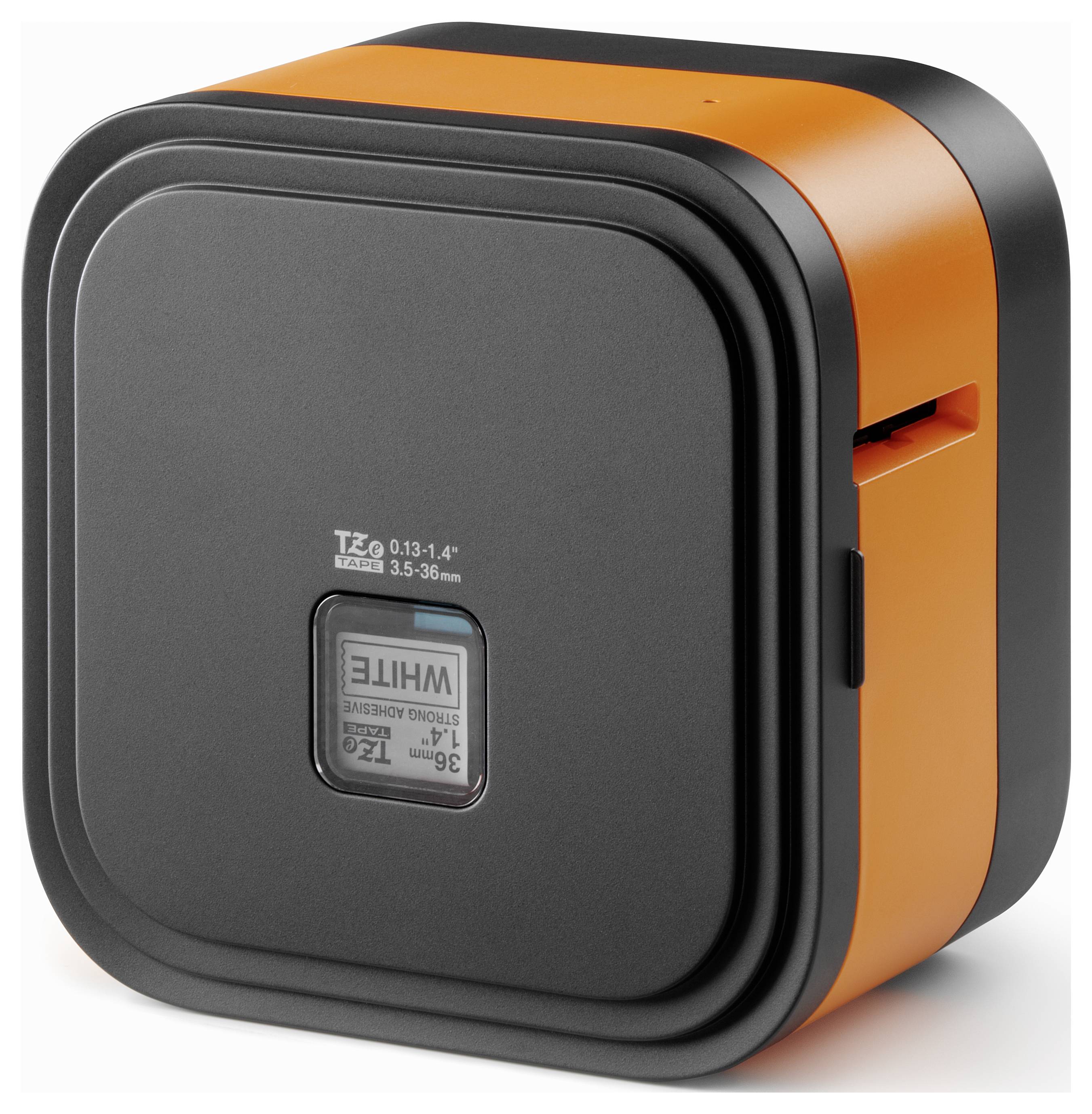 Een compacte, vierkante, zwart-oranje etikettenprinter met een zijopening, geschikt voor verschillende afdrukvereisten.