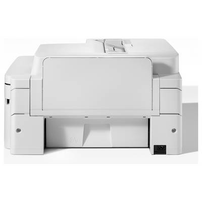 Een wit kantoorprinter gezien van achteren, met zichtbaar papierlade en stroomverbinding.