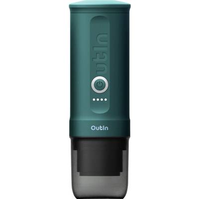 'Een donkergroene reisbeker met een afneembare bodem en een aan/uit-knop aan de voorkant, met het label 'OutIn' onderaan.'