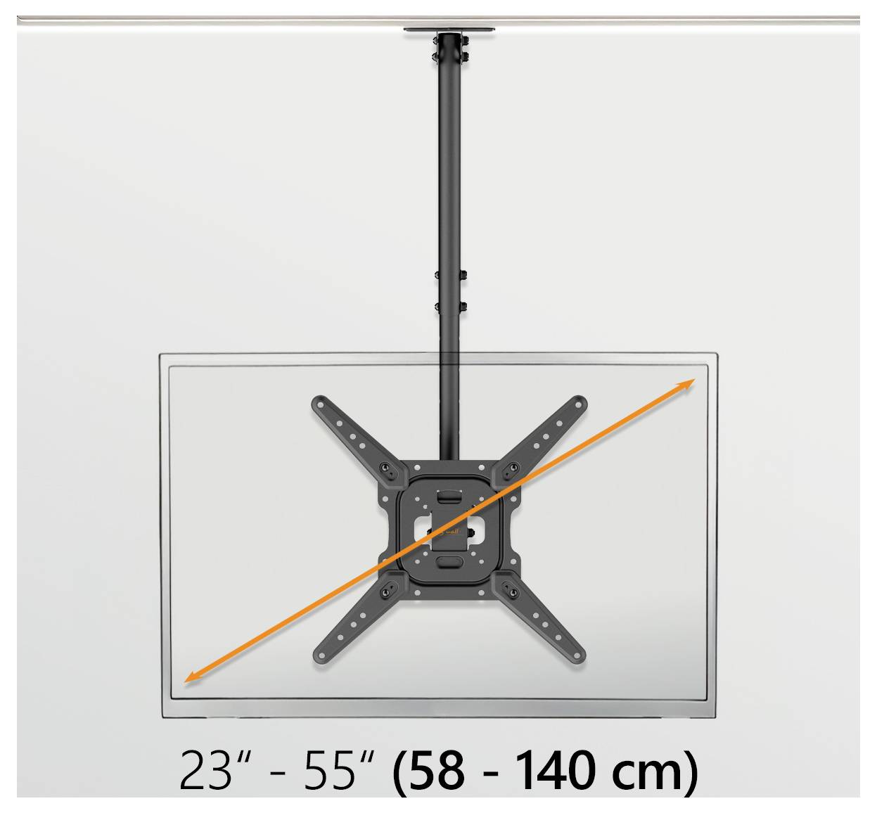 'Plafond-tv-beugel geschikt voor 23" tot 55" schermen (58-140 cm)'; toont een aan de muur bevestigde beugel die een tv onder een hoek ondersteunt.