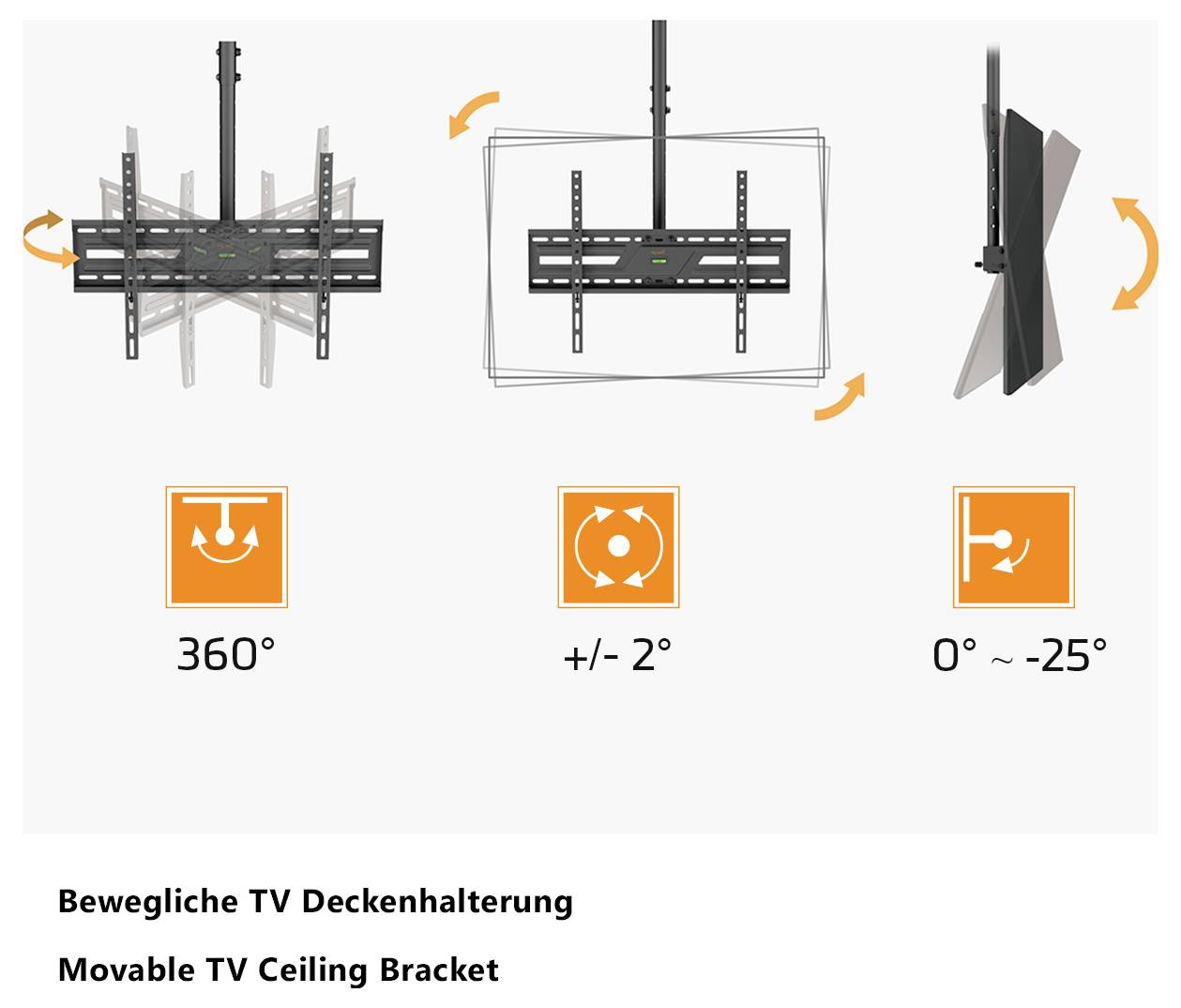 'Beweegbare TV-Plafondbeugel' diagram met 360-graden rotatie, +/- 2-graden kanteling en 0-25-graden zijkanteling opties.