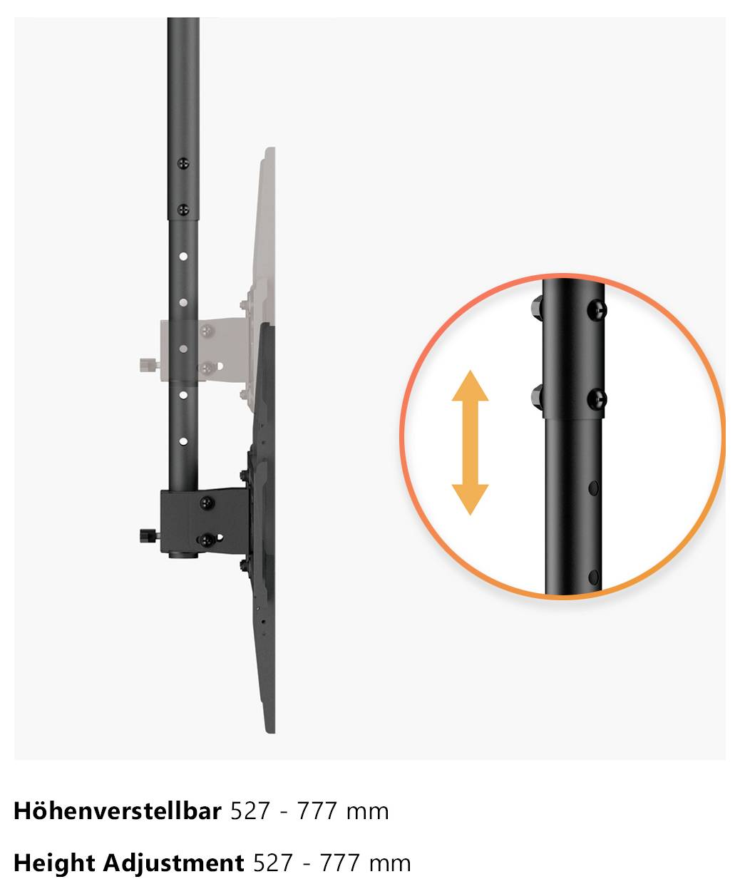 'Hoogteverstelling'-systeem op een monitorstandaard, instelbaar tussen 527 - 777 mm. Verticale staaf gemarkeerd om het bereik te illustreren.
