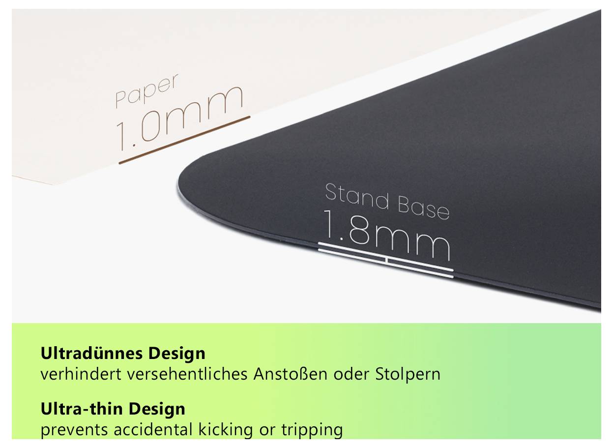 'Een foto met een vergelijking van de dikte tussen papier van 1,0 mm en een standaard voet van 1,8 mm. De tekst benadrukt een ultraslank ontwerp dat ongewild trappen of struikelen voorkomt.'