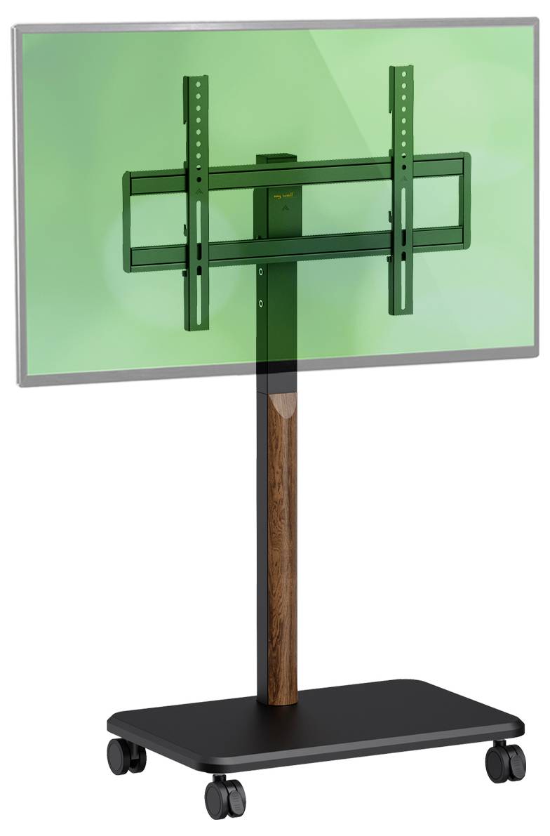 Vrijstaande chroma-key monitor op een houten standaard met een zwarte basis op wielen, gebruikt voor videoproductie of presentaties.