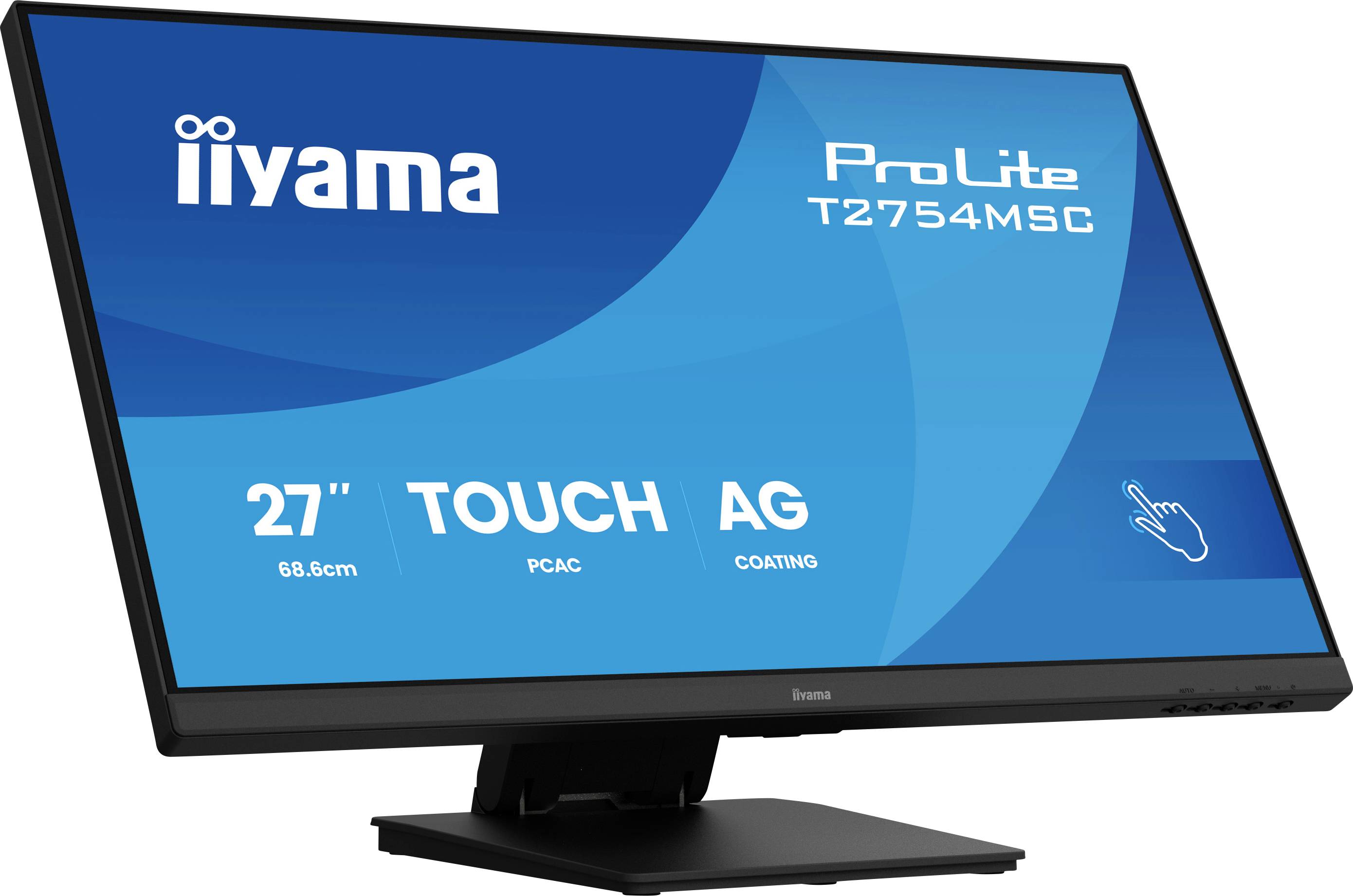 De afbeelding toont een iiyama ProLite T2754MSC monitor met een 27-inch aanraakscherm, AG-coating en PCAC-technologie, weergegeven onder een hoek.