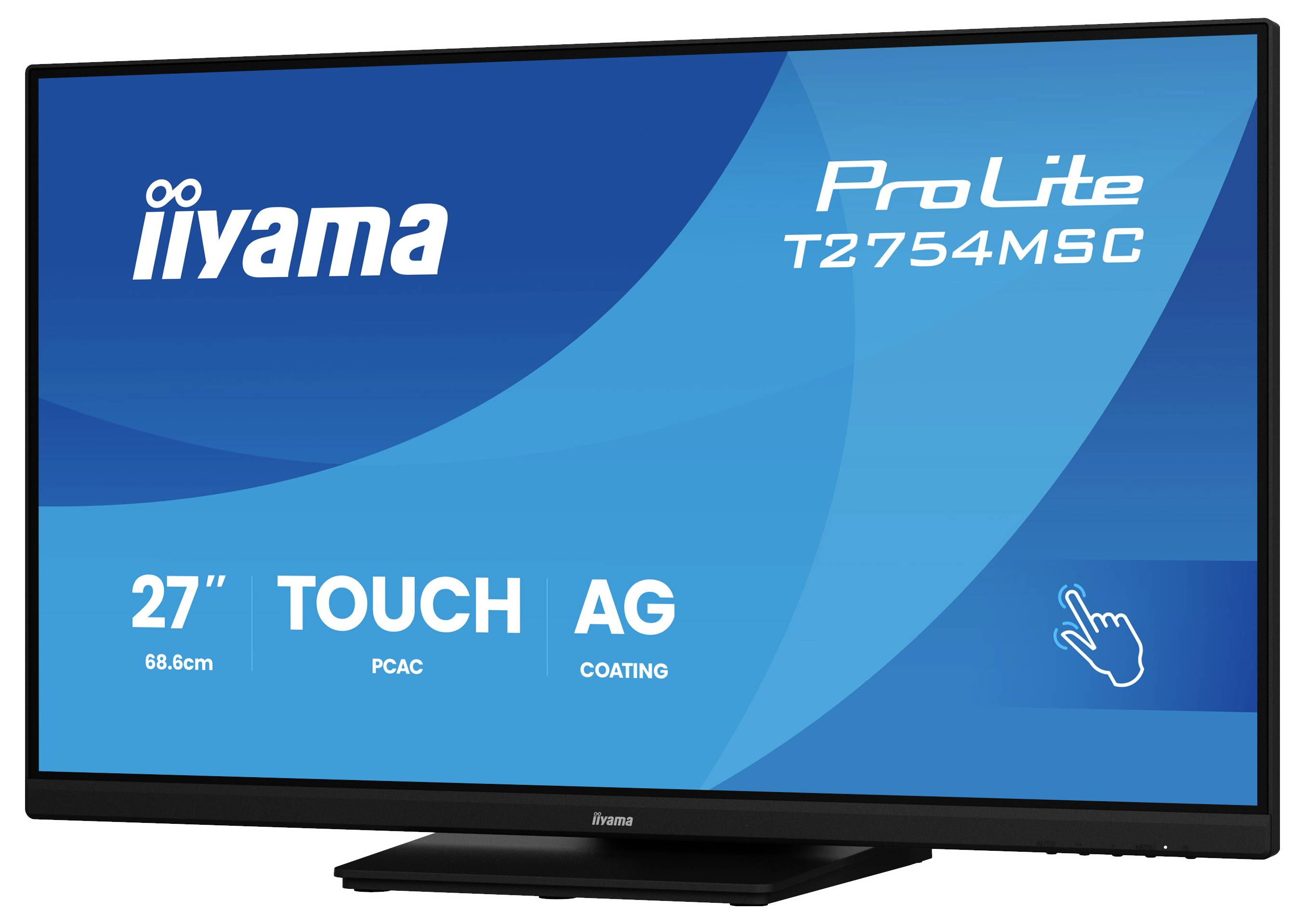 Touchscreen-monitor met 'iiyama ProLite T2754MSC'-branding, met nadruk op 27-inch grootte, geavanceerde grafische (AG)-coating en PCAC.