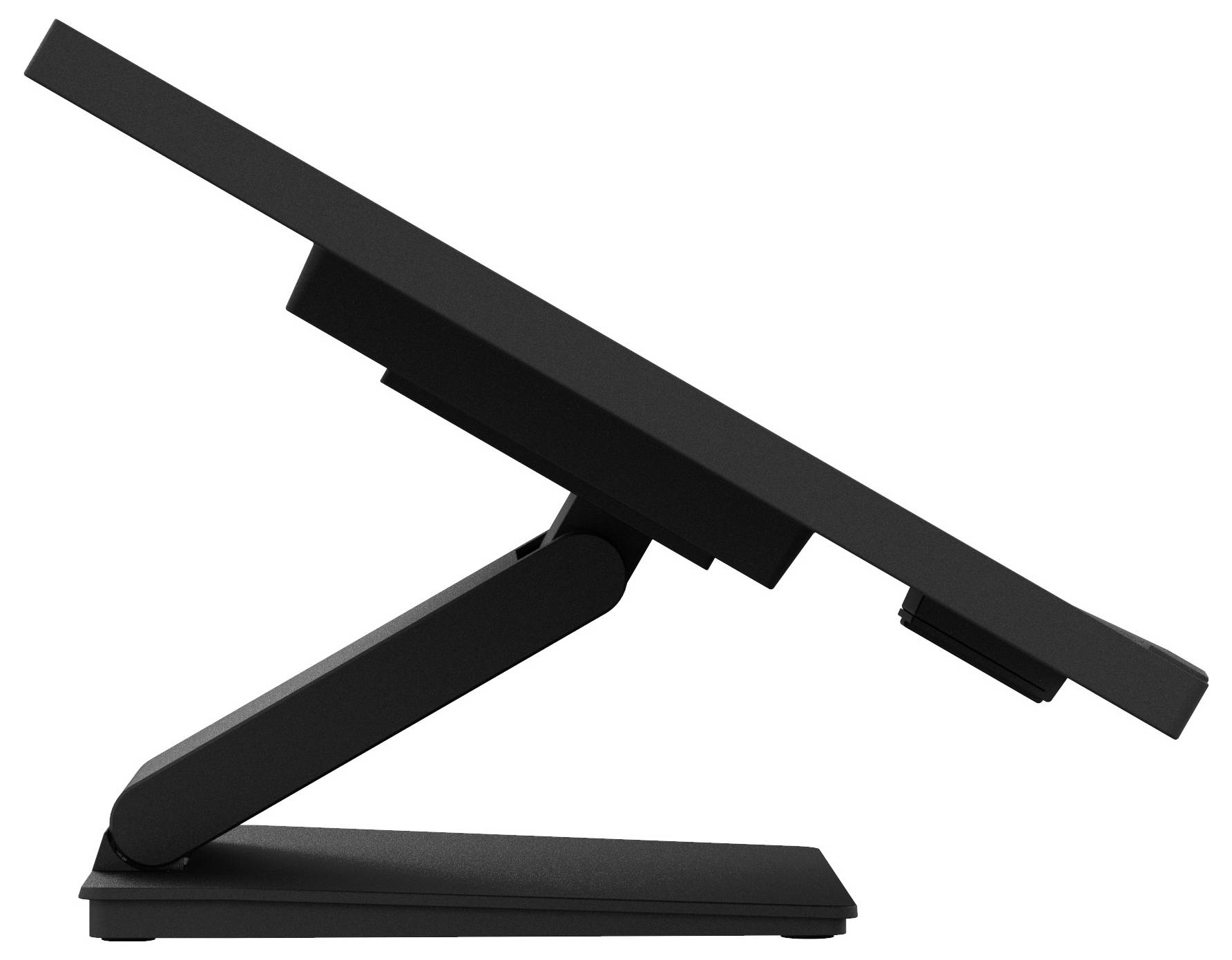 Zijweergave van een digitale tekentablet op een verstelbare standaard, schuin geplaatst onder een hoek, ontworpen voor ergonomisch gebruik en creatief werk.