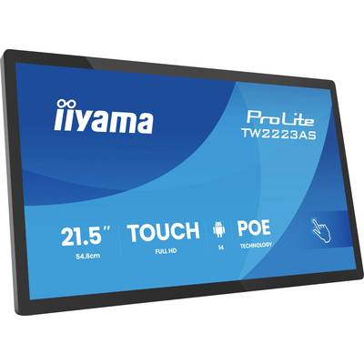 iiyama ProLite TW2223AS touchscreenmonitor, 21,5 inch, Full HD, Android, PoE-technologie, blauw en zwart design.