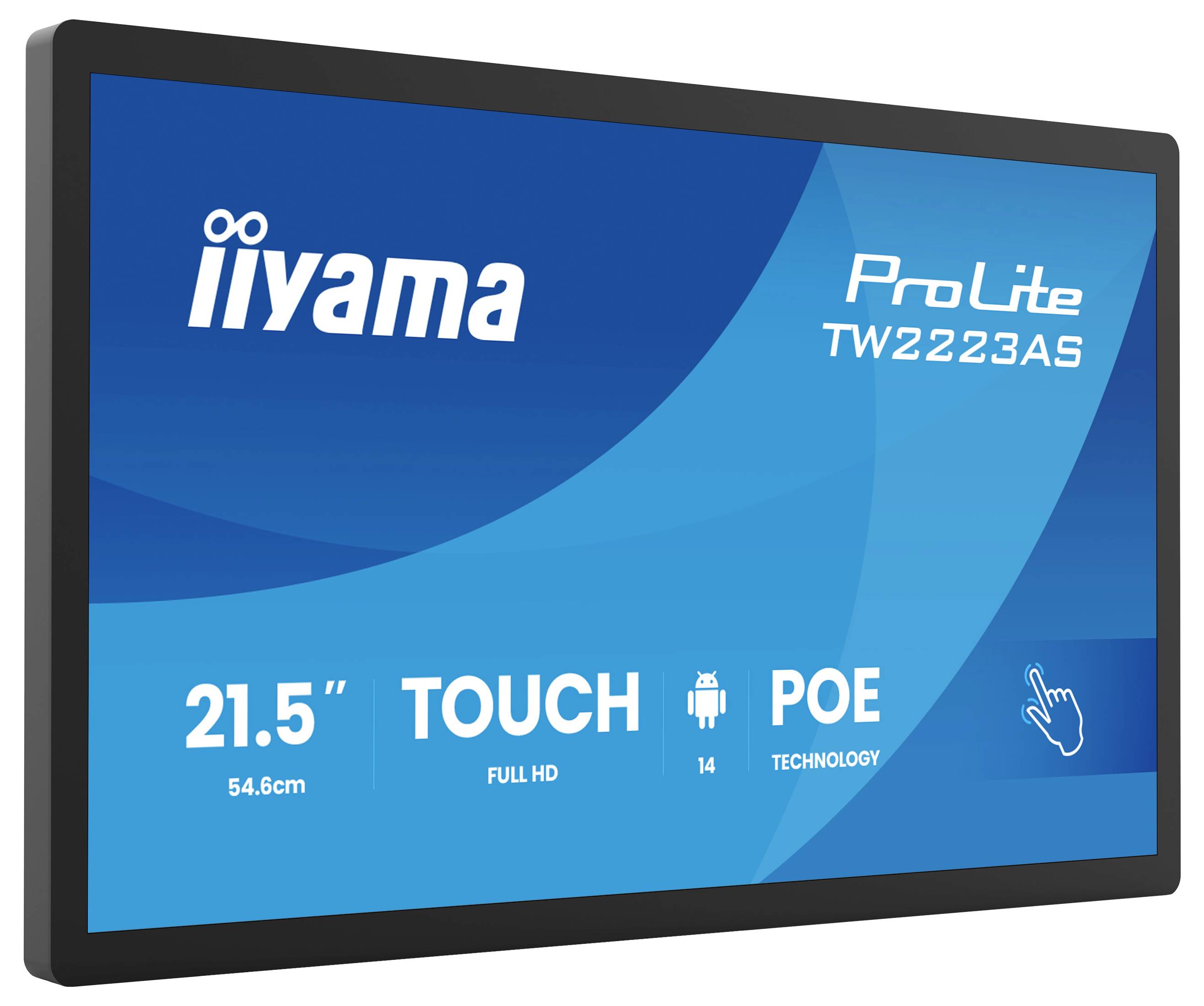 Aanraakscherm monitor met 'Iiyama ProLite TW2223AS' branding. Functies: 21,5 inch, Full HD, aanraakcapaciteit, Android, POE-technologie.