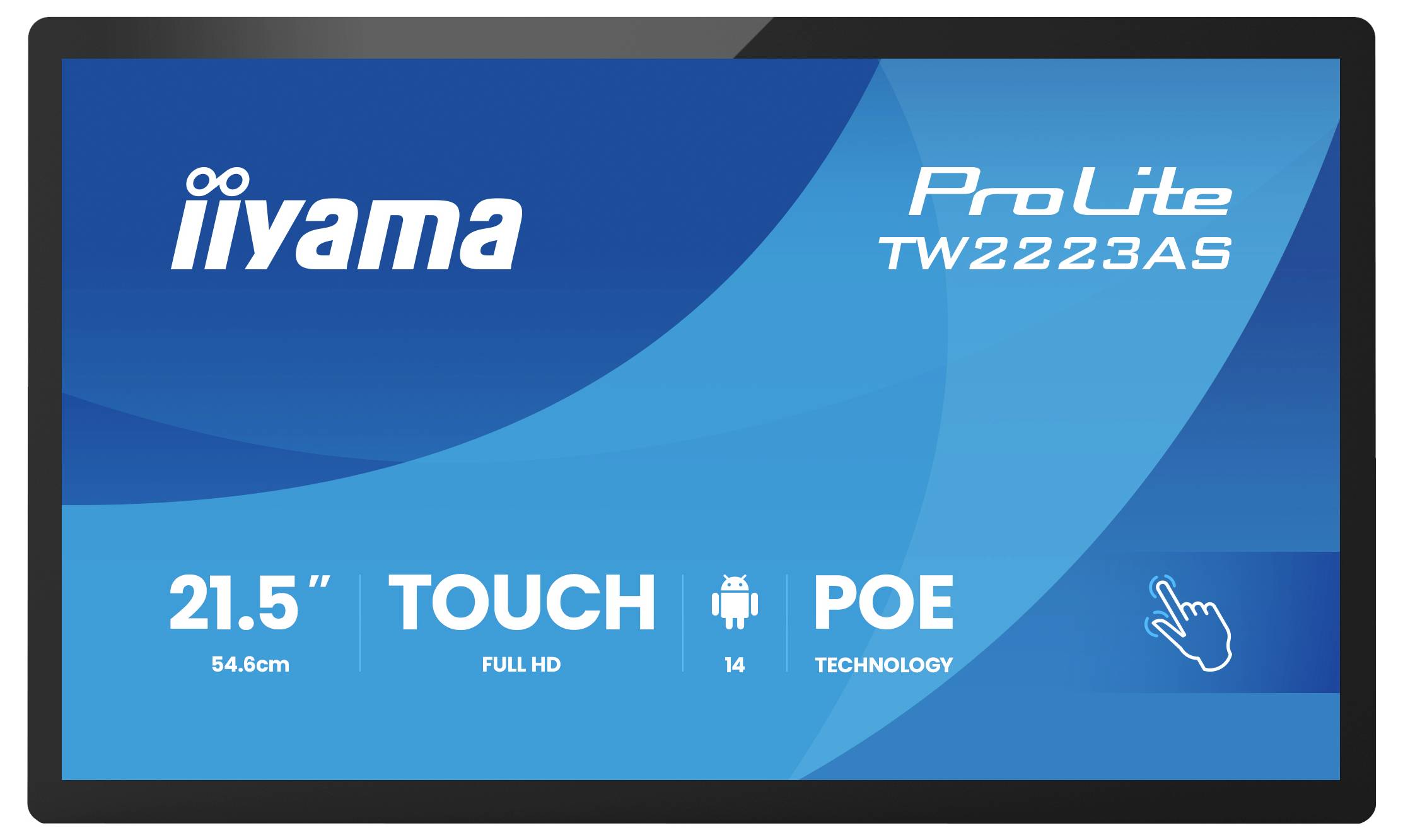 'iiyama ProLite' aanraakscherm monitor, model TW2223AS, 21,5 inch, Full HD, met POE-technologie, blauwe achtergrond en logo.