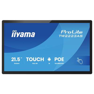 'iiyama ProLite' aanraakscherm monitor, model TW2223AS, 21,5 inch, Full HD, met POE-technologie, blauwe achtergrond en logo.