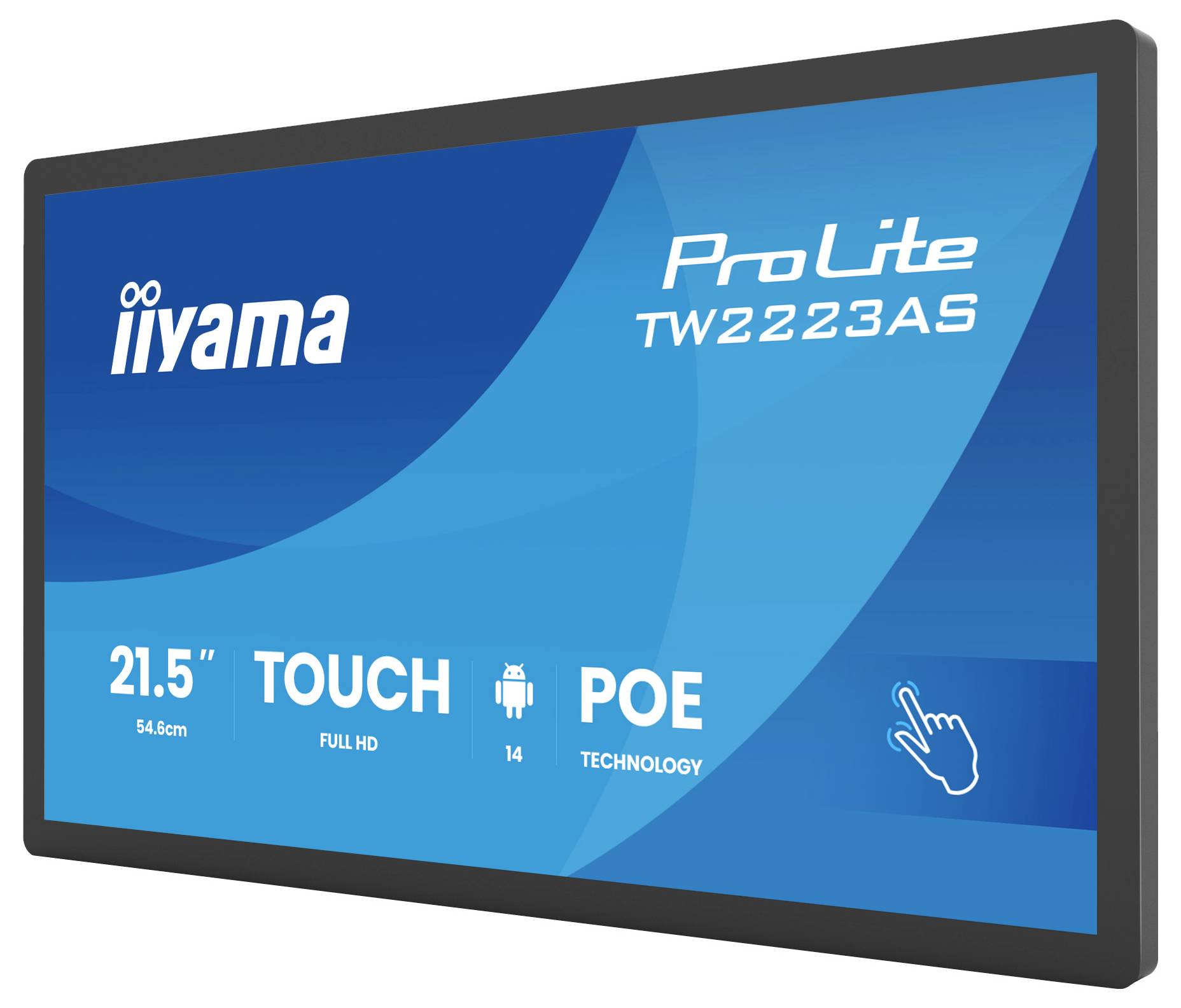 'iiyama ProLite TW2223AS' scherm met functies: 21,5 inch, full HD, aanraakfunctionaliteit, Android OS en POE-technologie.