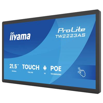'iiyama ProLite TW2223AS' scherm met functies: 21,5 inch, full HD, aanraakfunctionaliteit, Android OS en POE-technologie.