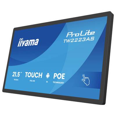 Touchscreen-paneel met het label 'ProLite TW2223AS' toont de volgende details: 21,5" Full HD, Android, PoE-technologie, merk Iiyama.