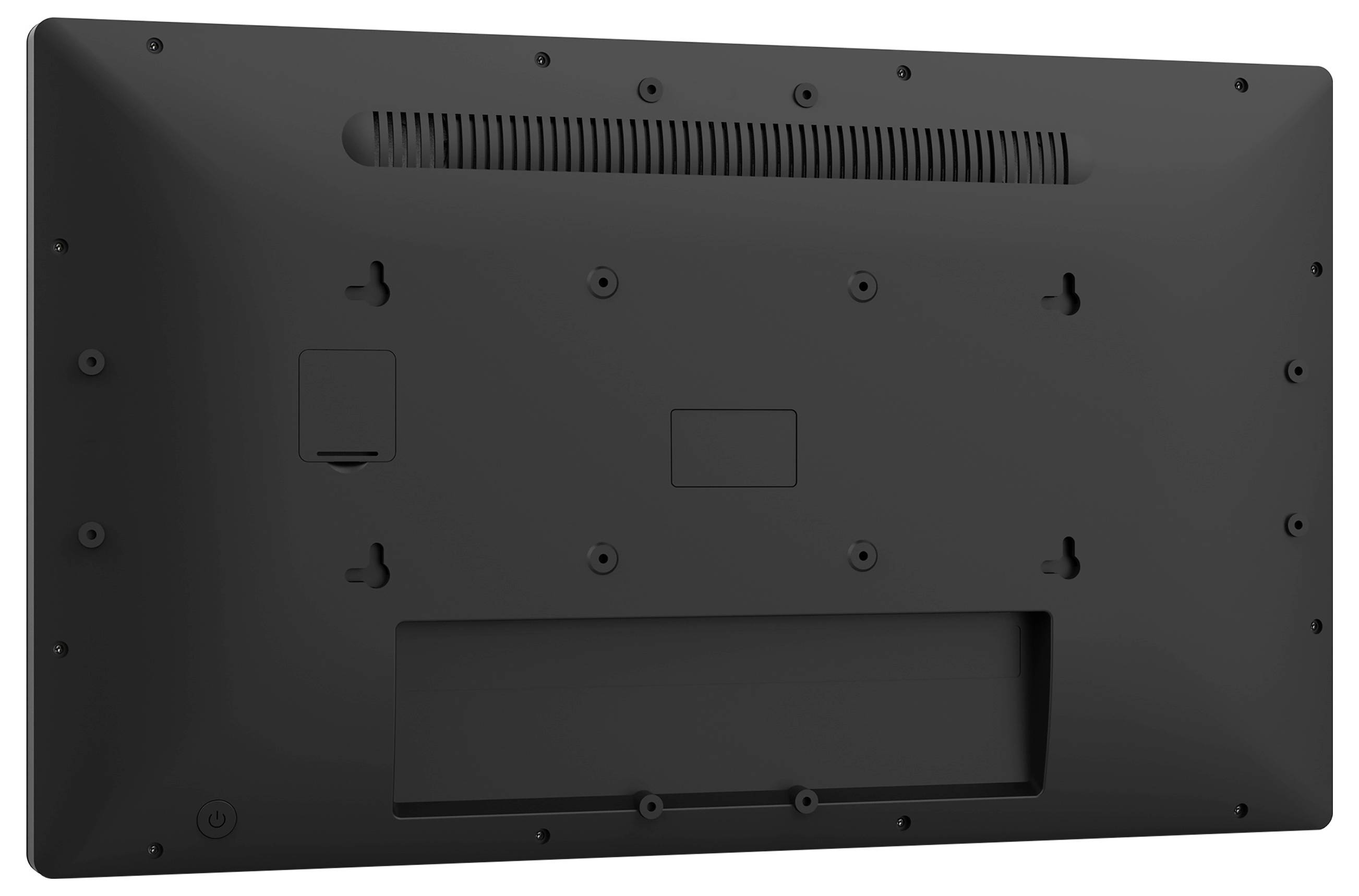Achteraanzicht van een platte televisie met montagegaten en ventilatiesleuven, zonder zichtbare merknamen of aansluitingen.