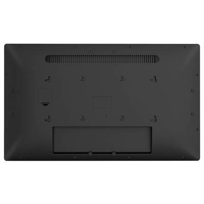 De afbeelding toont de achterkant van een flatscreen-televisie, met een ventilatieopening, montagegaten en afdekkingen voor aansluitingen die voor wandmontage zijn ontworpen.