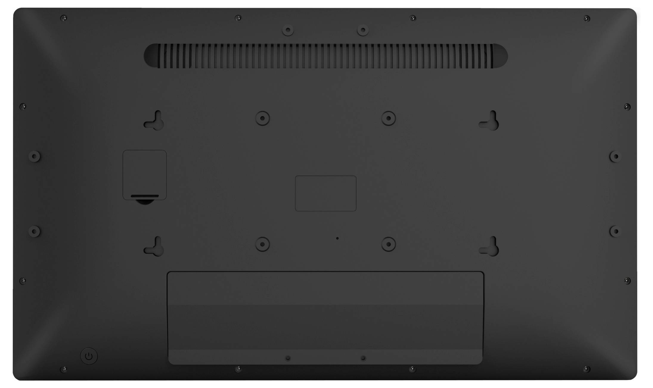 De afbeelding toont de achterkant van een zwarte televisie of monitor, met verschillende schroefgaten en een ventilatierooster in de buurt van de bovenkant.