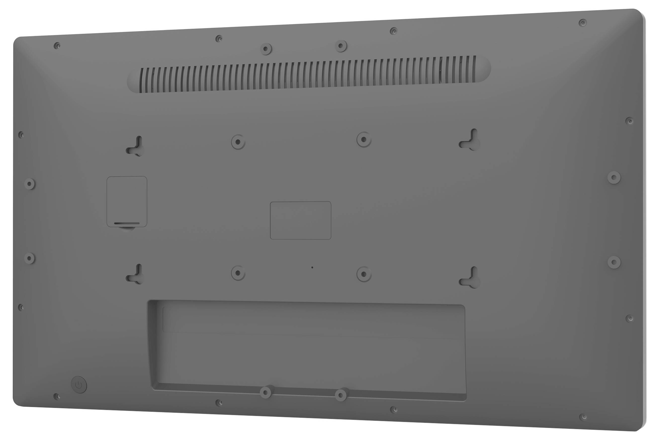 De afbeelding toont het achterpaneel van een flatscreen-tv met verschillende montagegatenn, schroefsleuven en een ventilatieopening aan de bovenkant.