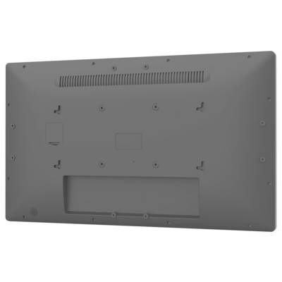 De afbeelding toont het achterpaneel van een flatscreen-tv met verschillende montagegatenn, schroefsleuven en een ventilatieopening aan de bovenkant.
