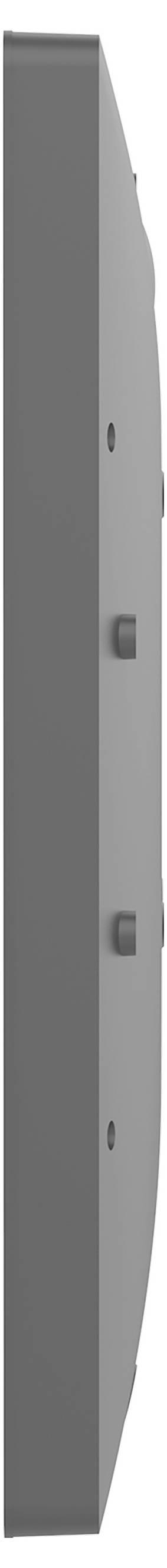 Zijkant van een grijs, rechthoekig object met enkele kleine uitstekende elementen. Minimale details zichtbaar vanwege de hoek.