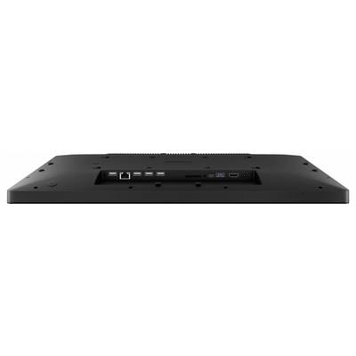 Achteraanzicht van een monitor met meerdere connectiviteitspoorten, waaronder USB, HDMI, Ethernet en audioporten.