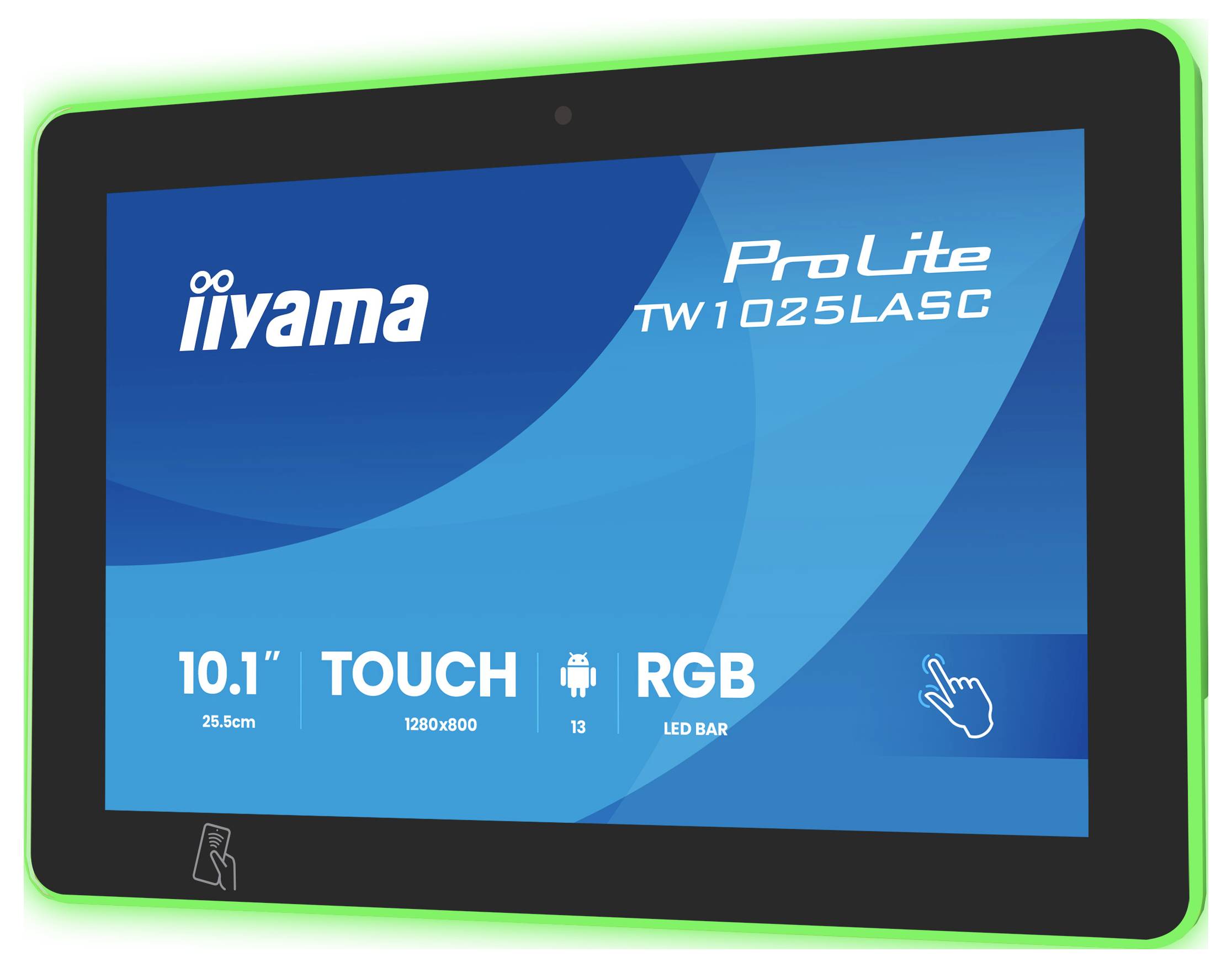 Tabletscherm met 'iiyama ProLite TW1025LASC' met functies: 10,1" beeldscherm, 1280x800 resolutie, Android, RGB LED-balk.