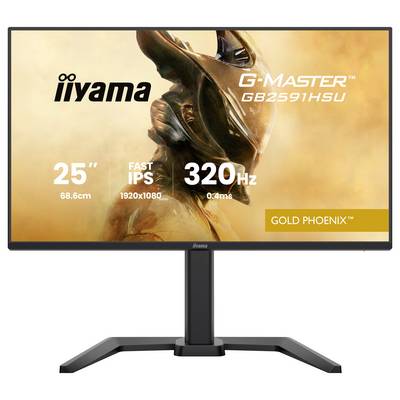 'Monitor met een sci-fi-themed afbeelding met een robot, met de tekst: iiyama G-Master GB2591HSU, 25" (68,6cm), Fast IPS, 1920x1080, 320Hz, 0,4ms.'