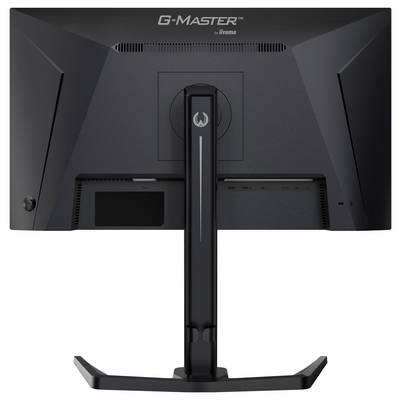 De afbeelding toont de achterkant van een zwarte gamingmonitor met het merk 'G-Master' van iiyama, met een strak, hoekig ontwerp en een stevig onderstel.
