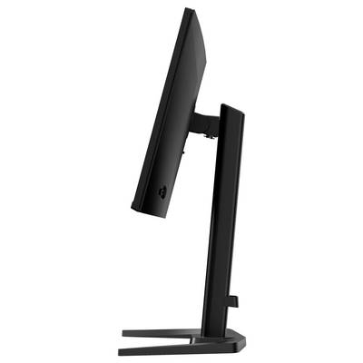 Slanke, zwarte computermonitor weergegeven vanuit een zijkant, met een smal profiel en verstelbare standaard.