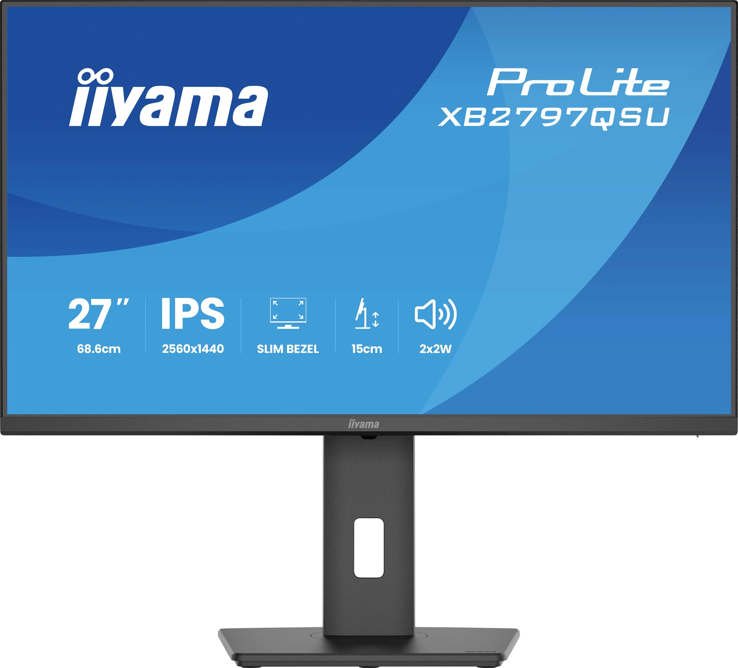 'ProLite XB2797QSU' computermonitor van iiyama, met een 27-inch display, IPS-technologie, resolutie van 2560x1440, smal frame, 2x2W speakers.